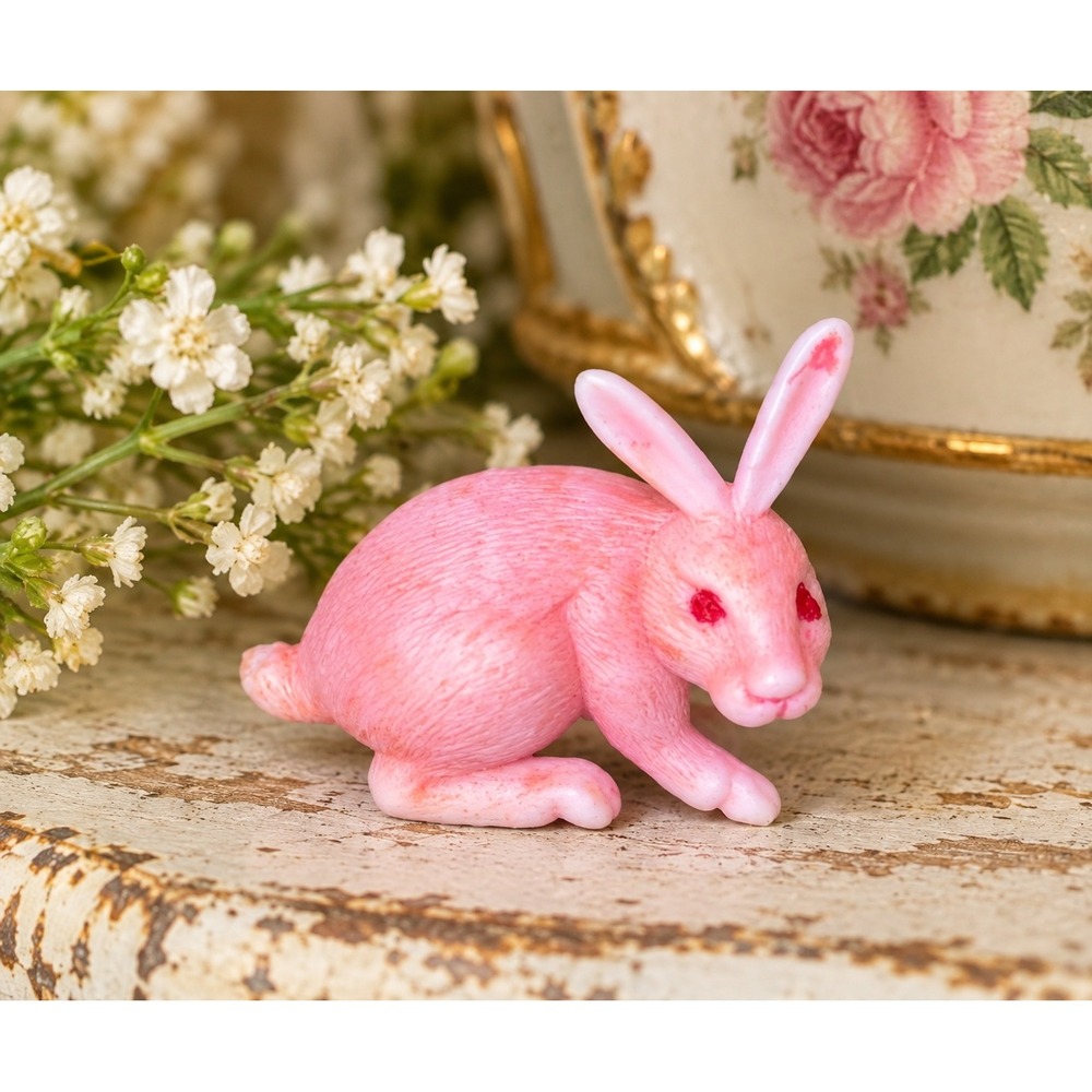 Vintage Pink Miniature Rabbit Figurine Red Eyes Made in Hong Kong Easter Bunny